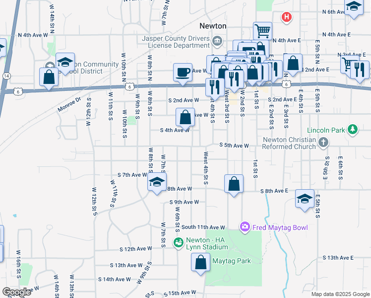 map of restaurants, bars, coffee shops, grocery stores, and more near 511 South 5th Avenue West in Newton
