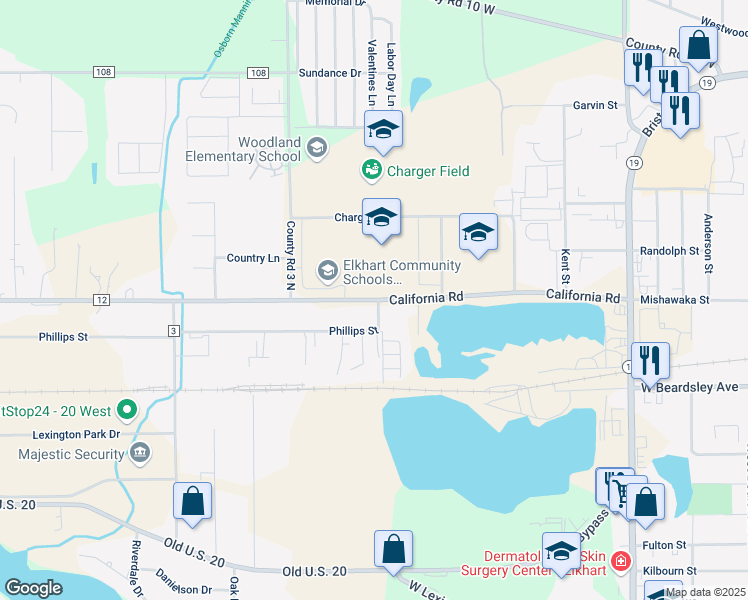 map of restaurants, bars, coffee shops, grocery stores, and more near 2631 California Road in Elkhart