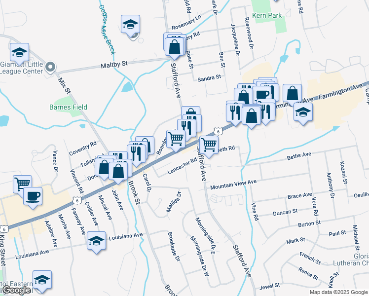 map of restaurants, bars, coffee shops, grocery stores, and more near Farmington Avenue in Bristol