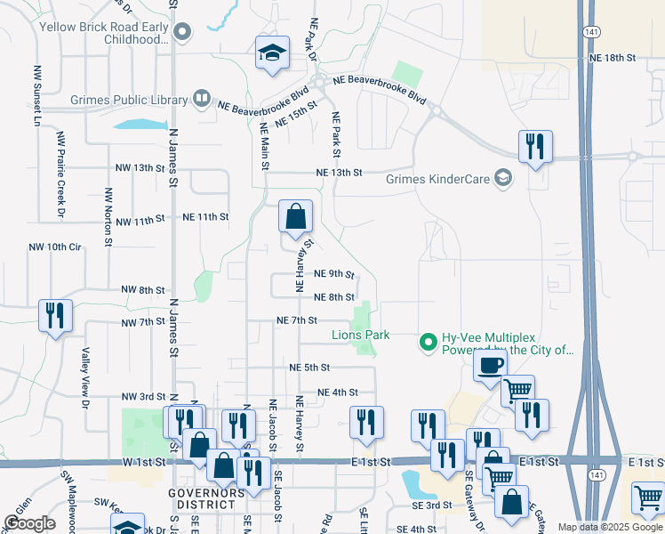 map of restaurants, bars, coffee shops, grocery stores, and more near 617 Northeast 9th Street in Grimes
