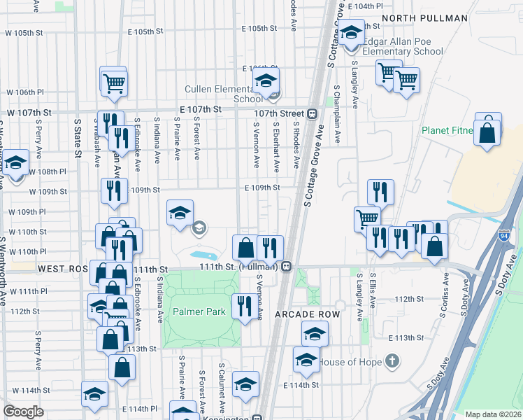 map of restaurants, bars, coffee shops, grocery stores, and more near 10933 South Vernon Avenue in Chicago