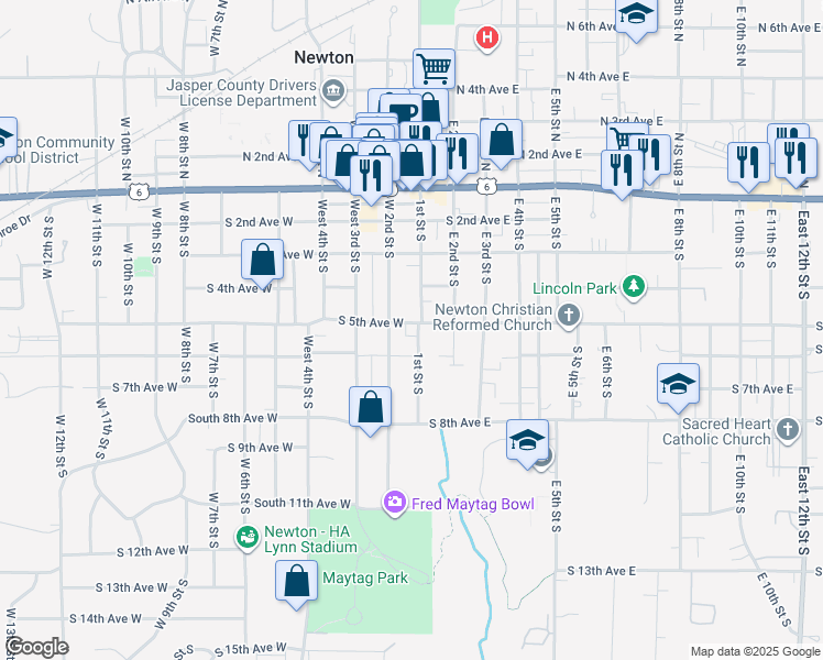 map of restaurants, bars, coffee shops, grocery stores, and more near 115 South 5th Avenue West in Newton