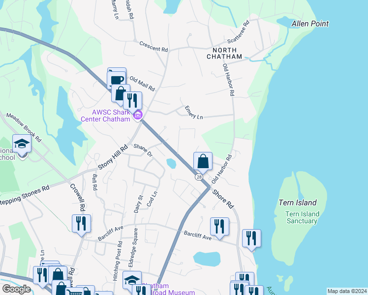 map of restaurants, bars, coffee shops, grocery stores, and more near 20 Captains Walk in Chatham
