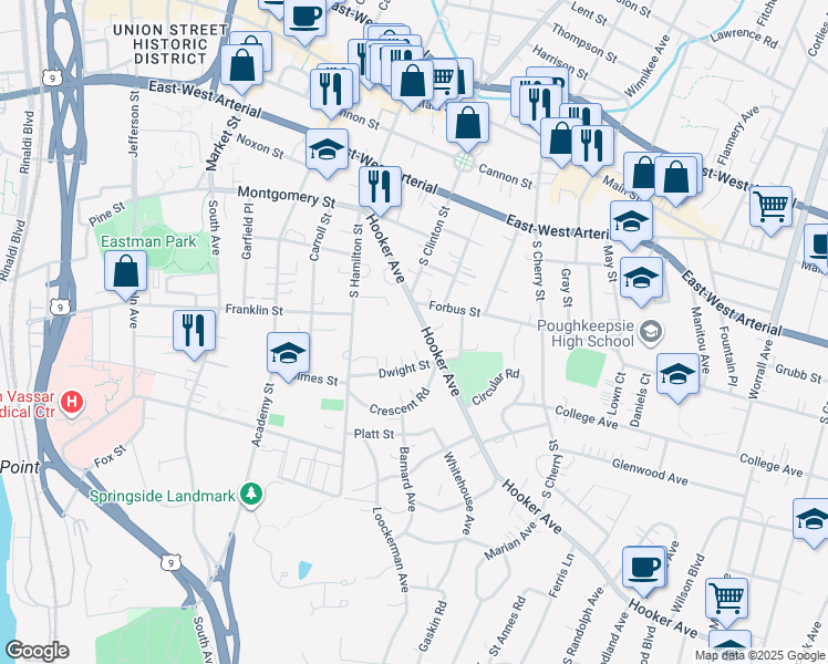 map of restaurants, bars, coffee shops, grocery stores, and more near 63 Hooker Avenue in Poughkeepsie