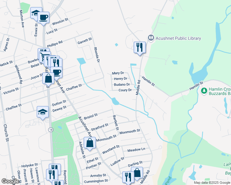 map of restaurants, bars, coffee shops, grocery stores, and more near 26 Coury Drive in Acushnet