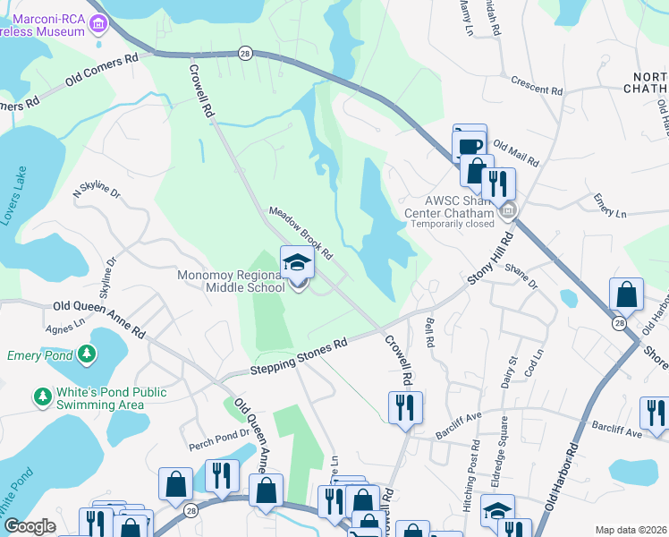 map of restaurants, bars, coffee shops, grocery stores, and more near 34 Meadow Brook Road in Chatham