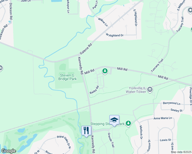 map of restaurants, bars, coffee shops, grocery stores, and more near 3857 Bailey Road in Yorkville