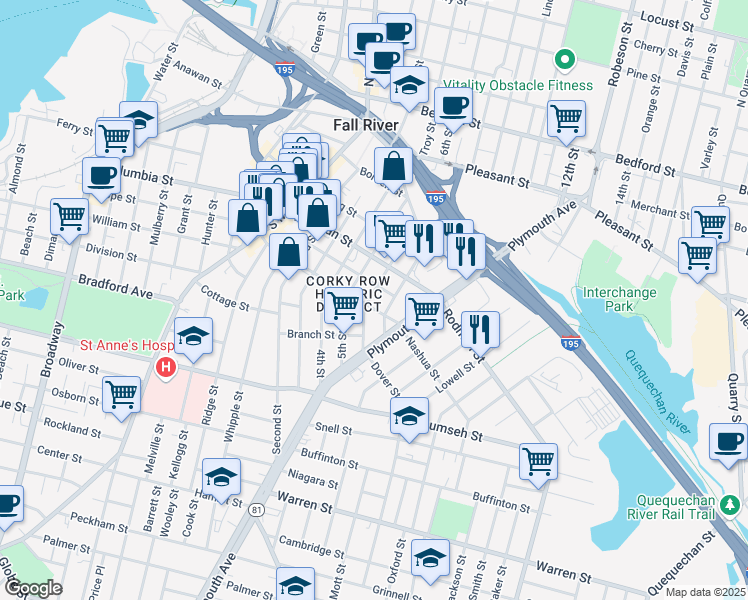 map of restaurants, bars, coffee shops, grocery stores, and more near 270 Morgan Street in Fall River
