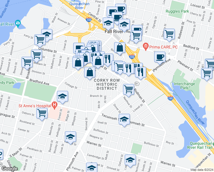 map of restaurants, bars, coffee shops, grocery stores, and more near 270 Morgan Street in Fall River