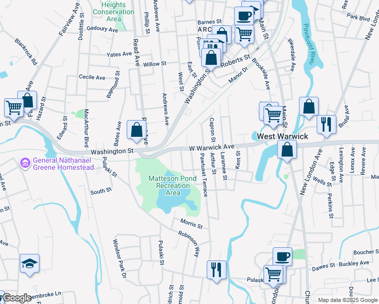 map of restaurants, bars, coffee shops, grocery stores, and more near 21 Rhode Island 117 in West Warwick