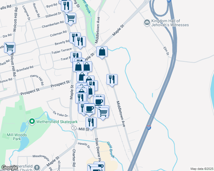 map of restaurants, bars, coffee shops, grocery stores, and more near 12-14 Alison Lane in Wethersfield