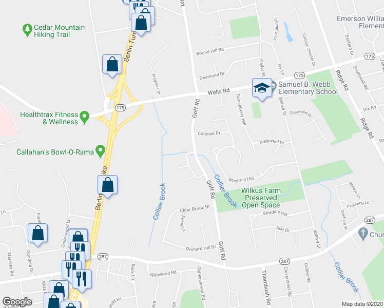 map of restaurants, bars, coffee shops, grocery stores, and more near 424 Goff Road in Wethersfield