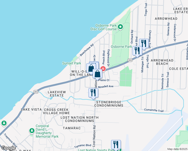 map of restaurants, bars, coffee shops, grocery stores, and more near in Willoughby