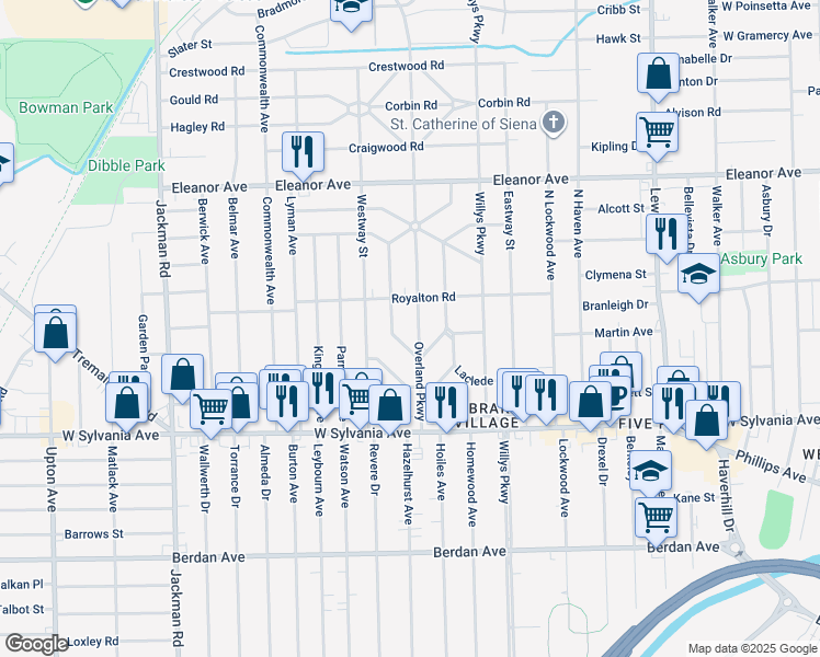 map of restaurants, bars, coffee shops, grocery stores, and more near 4209 Overland Parkway in Toledo
