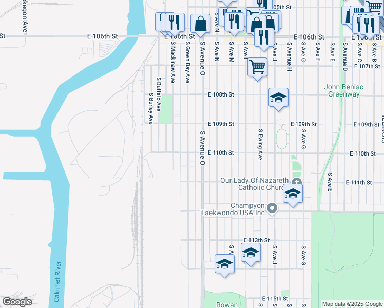 map of restaurants, bars, coffee shops, grocery stores, and more near 10958 South Green Bay Avenue in Chicago