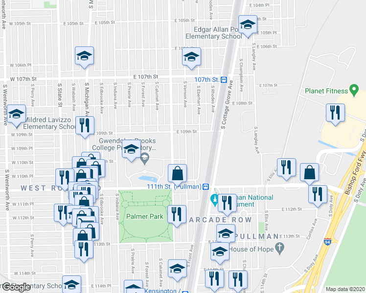 map of restaurants, bars, coffee shops, grocery stores, and more near 10931 South Vernon Avenue in Chicago