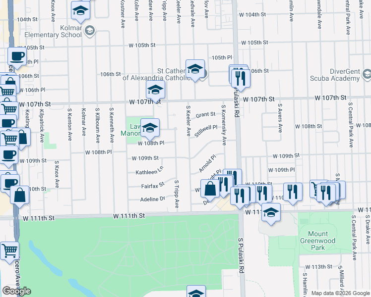 map of restaurants, bars, coffee shops, grocery stores, and more near 10833 South Keeler Avenue in Oak Lawn