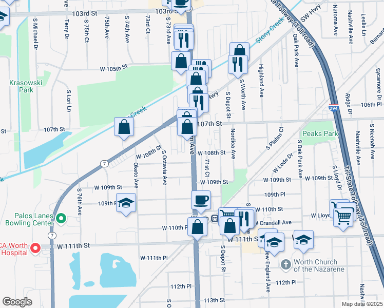 map of restaurants, bars, coffee shops, grocery stores, and more near 10756 South Harlem Avenue in Worth