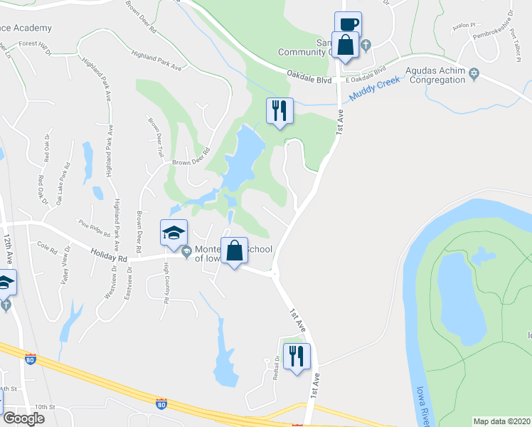 map of restaurants, bars, coffee shops, grocery stores, and more near 1512 1st Avenue in Coralville