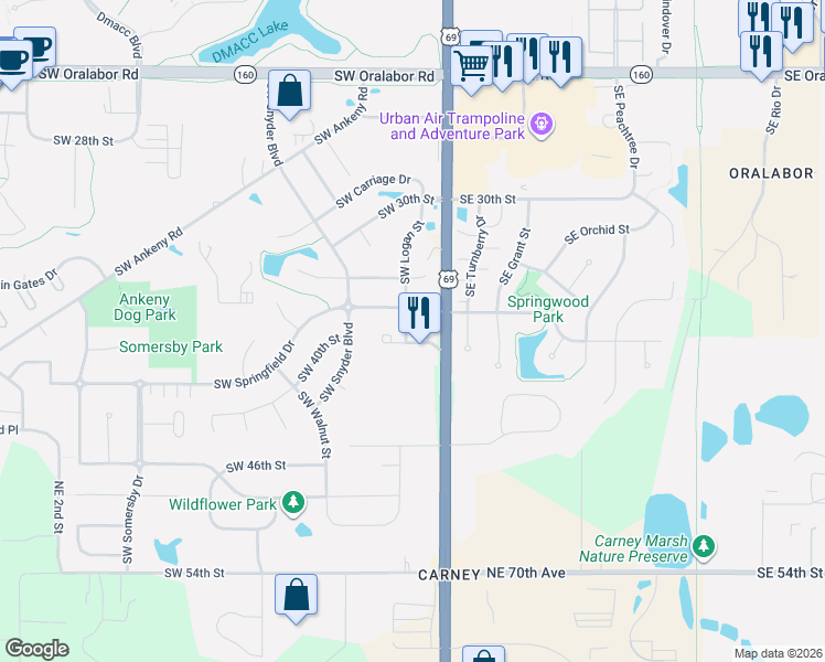 map of restaurants, bars, coffee shops, grocery stores, and more near 112 Southwest 36th Lane in Ankeny