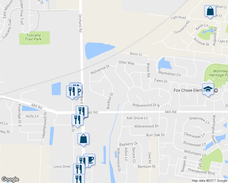map of restaurants, bars, coffee shops, grocery stores, and more near 340 Bucktail Drive in Oswego