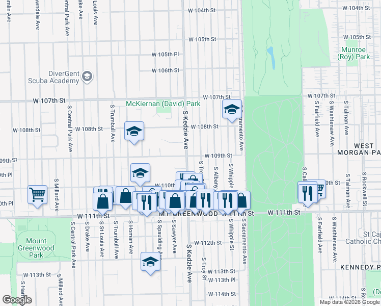 map of restaurants, bars, coffee shops, grocery stores, and more near 10855 South Kedzie Avenue in Chicago