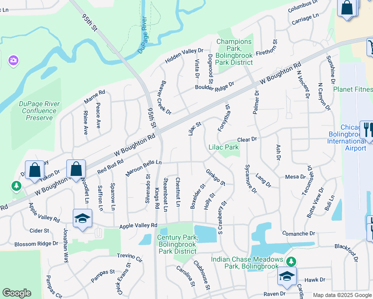 map of restaurants, bars, coffee shops, grocery stores, and more near 10 Caribou Court in Bolingbrook