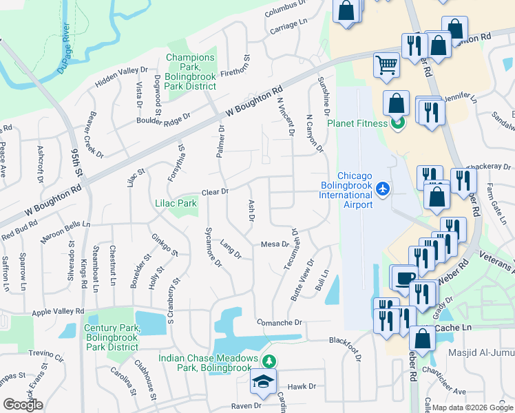 map of restaurants, bars, coffee shops, grocery stores, and more near 120 Ash Drive in Bolingbrook
