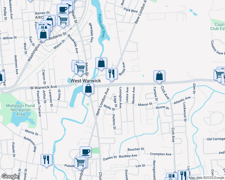 map of restaurants, bars, coffee shops, grocery stores, and more near 141 Legris Avenue in West Warwick