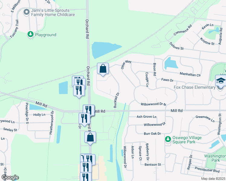map of restaurants, bars, coffee shops, grocery stores, and more near 101 Donegal Court in Oswego