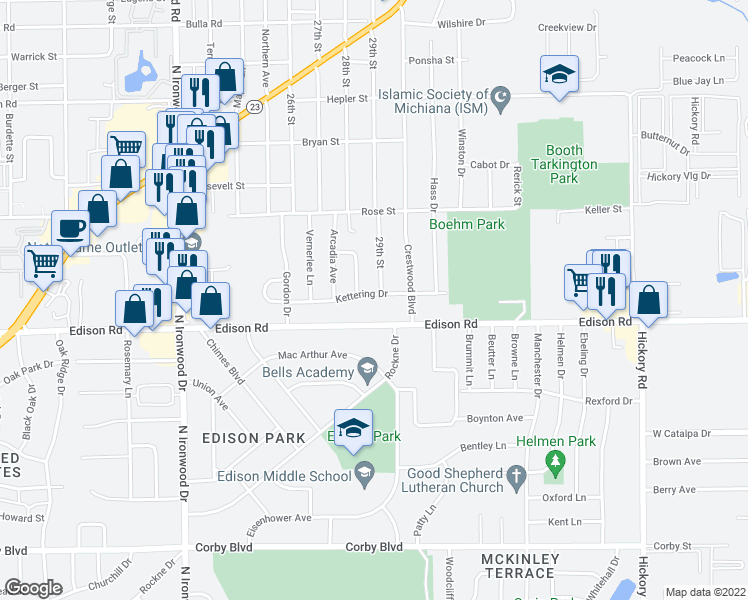 map of restaurants, bars, coffee shops, grocery stores, and more near 2832 Kettering Drive in South Bend