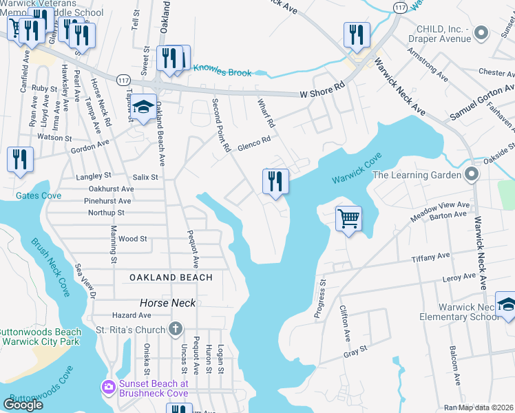 map of restaurants, bars, coffee shops, grocery stores, and more near 205 Second Point Road in Warwick
