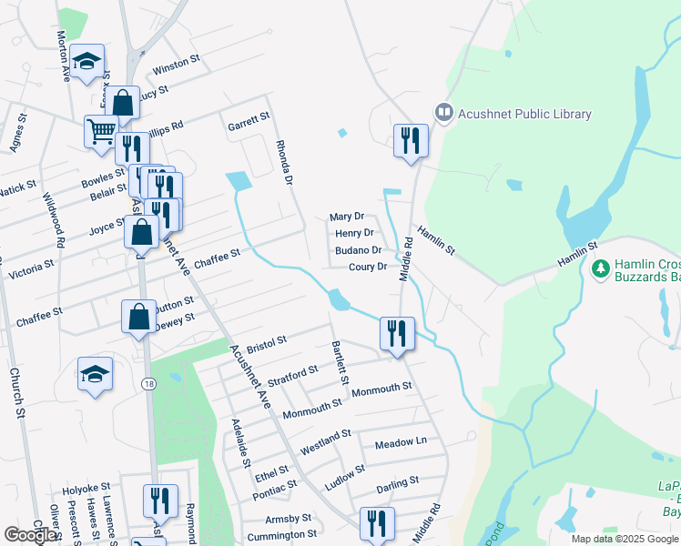 map of restaurants, bars, coffee shops, grocery stores, and more near 26 Coury Drive in Acushnet