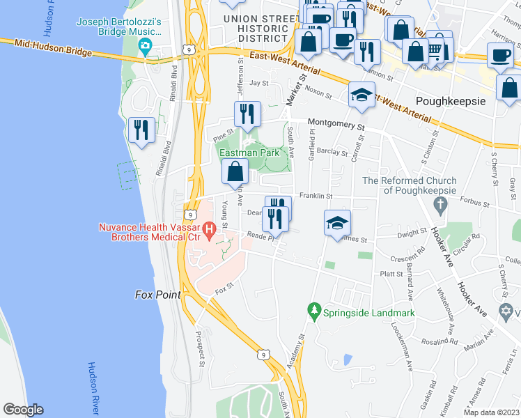 map of restaurants, bars, coffee shops, grocery stores, and more near 10 Dean Place in Poughkeepsie