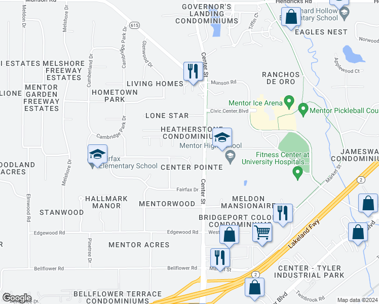 map of restaurants, bars, coffee shops, grocery stores, and more near 8361 Findley Dr in Mentor