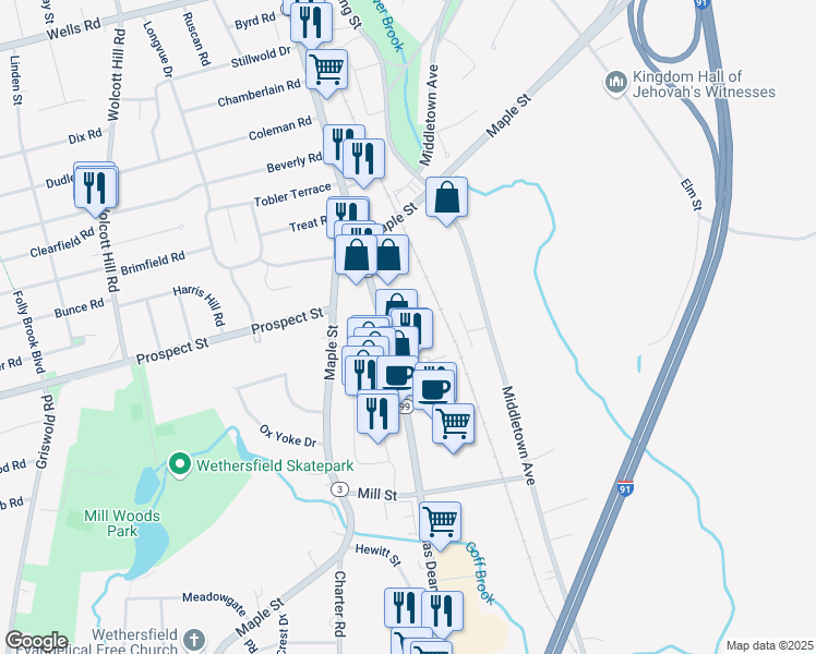 map of restaurants, bars, coffee shops, grocery stores, and more near 1000 Silas Deane Highway in Wethersfield