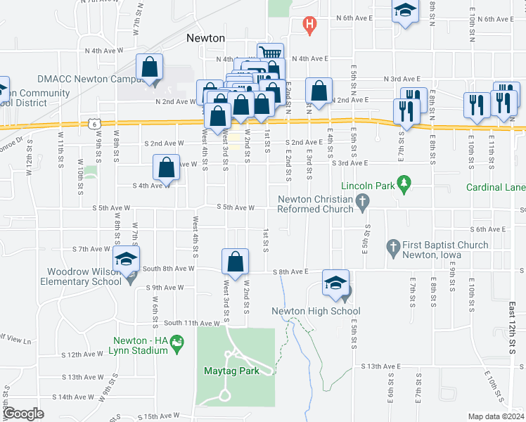map of restaurants, bars, coffee shops, grocery stores, and more near 505 1st Street South in Newton