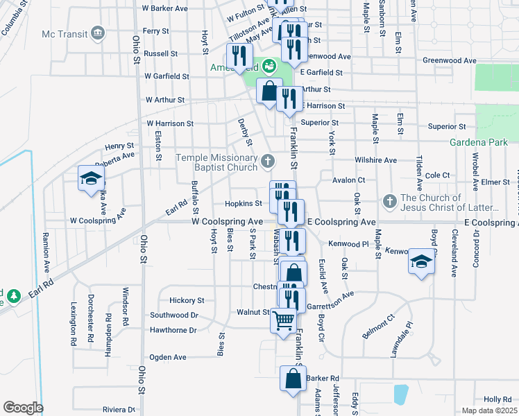 map of restaurants, bars, coffee shops, grocery stores, and more near 224 Hopkins Street in Michigan City