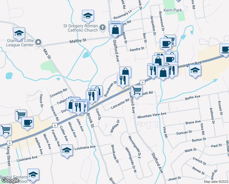 map of restaurants, bars, coffee shops, grocery stores, and more near 1001 Farmington Avenue in Bristol