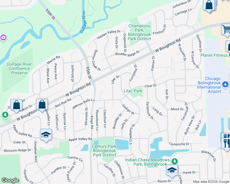 map of restaurants, bars, coffee shops, grocery stores, and more near 136 Lilac Street in Bolingbrook
