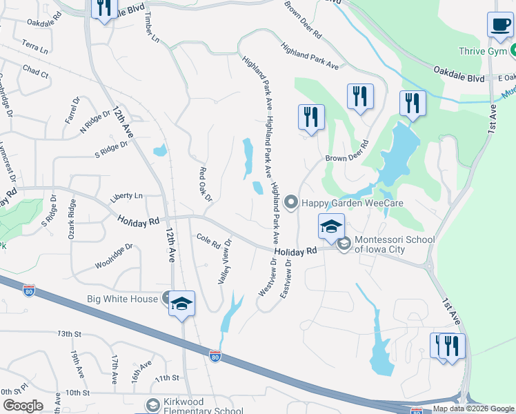 map of restaurants, bars, coffee shops, grocery stores, and more near 1611 Pine Ridge Court in Coralville