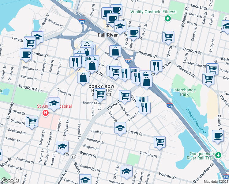 map of restaurants, bars, coffee shops, grocery stores, and more near 321 Wade Street in Fall River