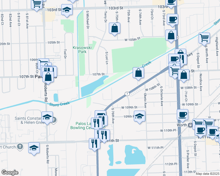map of restaurants, bars, coffee shops, grocery stores, and more near 10812 South 76th Avenue in Worth