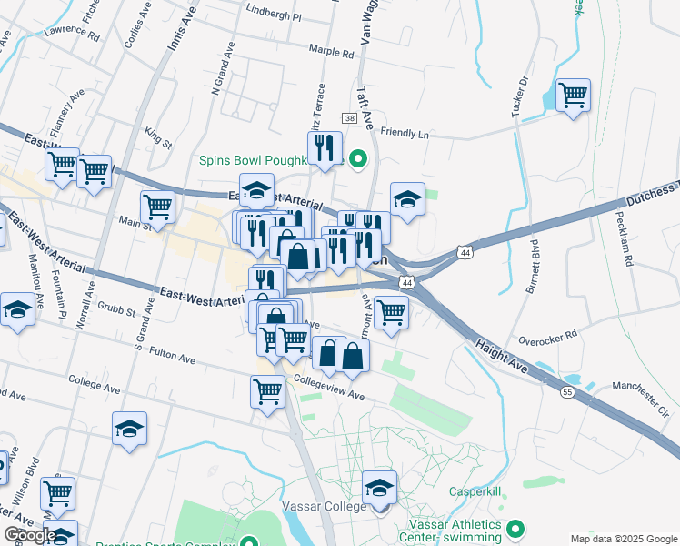 map of restaurants, bars, coffee shops, grocery stores, and more near 830 Main Street in Poughkeepsie