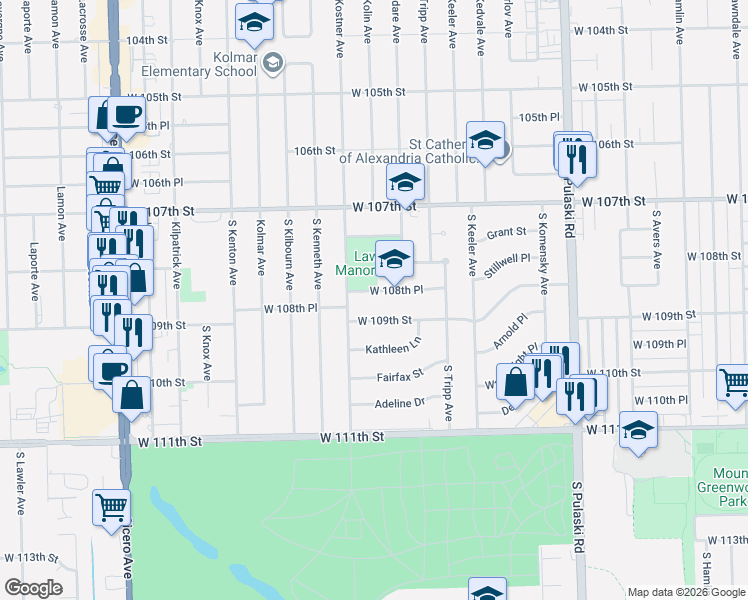 map of restaurants, bars, coffee shops, grocery stores, and more near 4327 West 108th Place in Oak Lawn