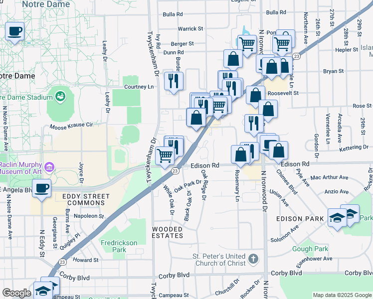 map of restaurants, bars, coffee shops, grocery stores, and more near 1707 South Bend Avenue in South Bend