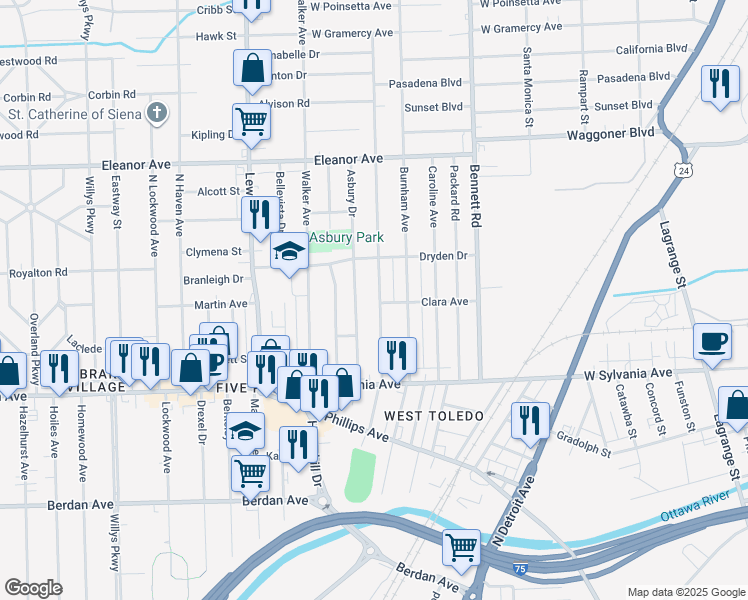map of restaurants, bars, coffee shops, grocery stores, and more near 4201 Vermaas Avenue in Toledo