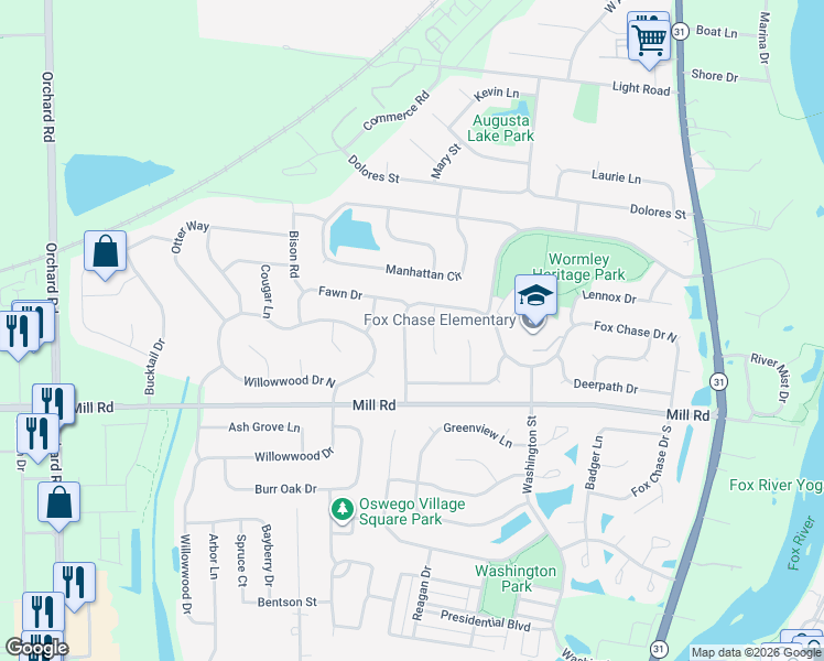 map of restaurants, bars, coffee shops, grocery stores, and more near 299 Fox Chase Drive North in Oswego