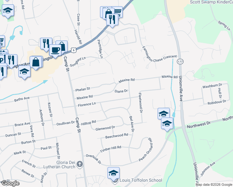 map of restaurants, bars, coffee shops, grocery stores, and more near 4 Diana Drive in Plainville