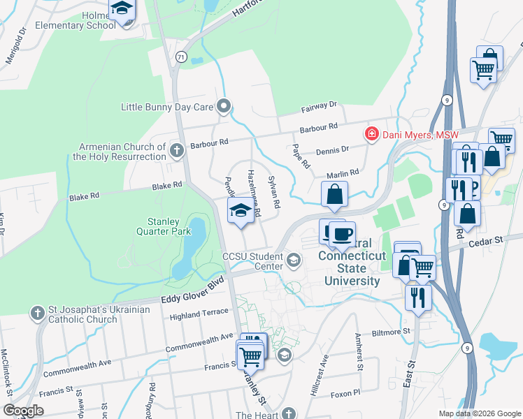 map of restaurants, bars, coffee shops, grocery stores, and more near 63 Hazelmere Road in New Britain